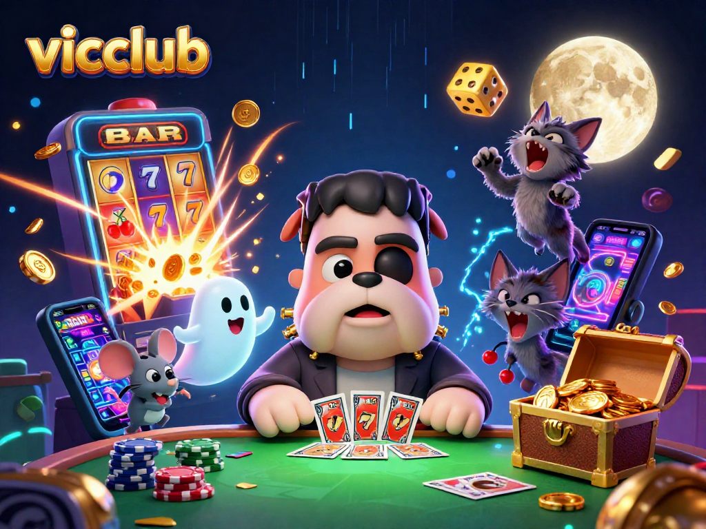 Experience thrilling wins at vicclub with a 3D cartoon monster dealing cards amidst vibrant casino elements!