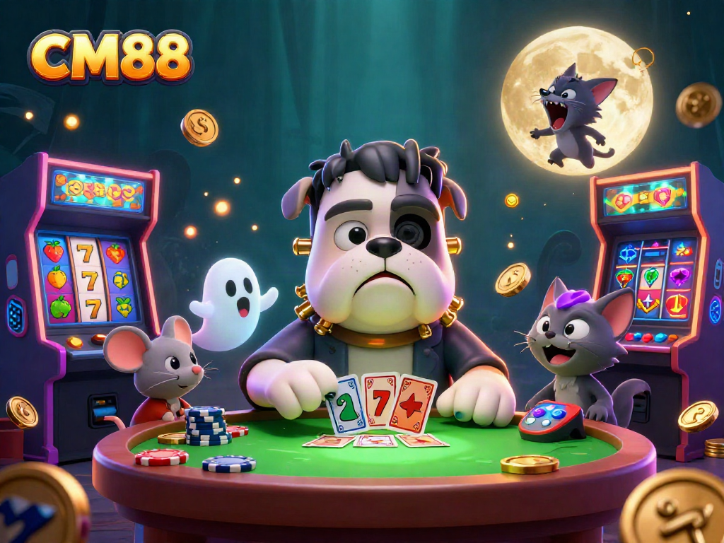 Engage with CM88 at a vibrant casino scene featuring a Frankenstein bulldog and a ghost mouse.