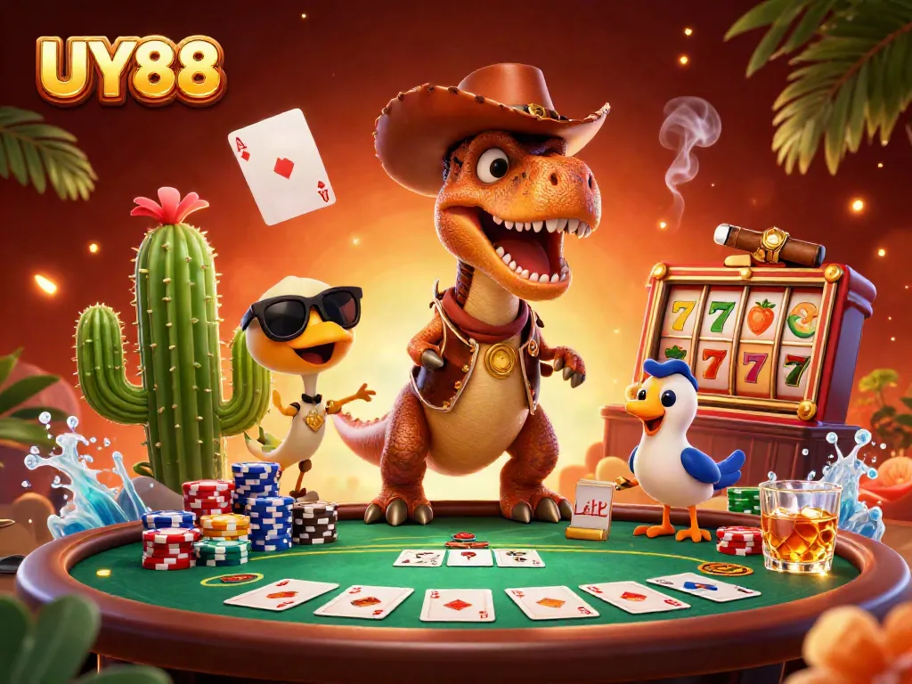 Engage in high-stakes action at UY88 with a lively 3D casino scene featuring poker elements.