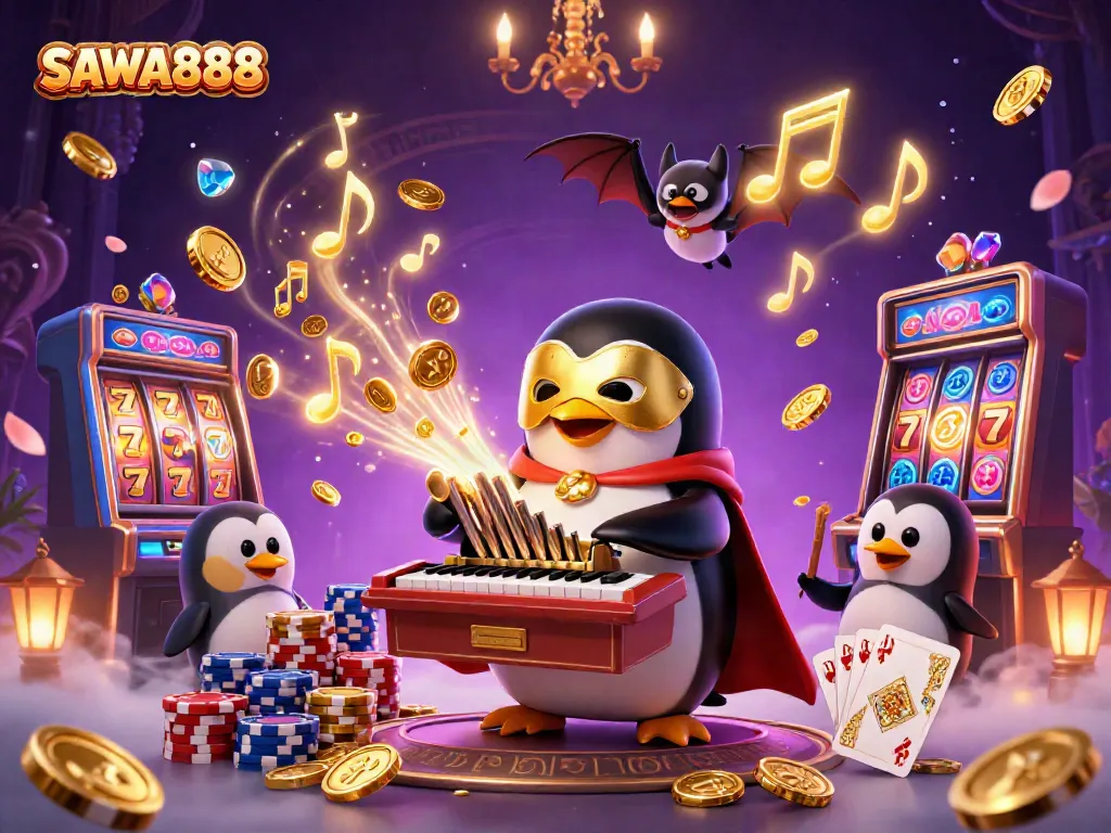 Experience the excitement of SAWA888 with a whimsical casino scene, showcasing vibrant slot design.