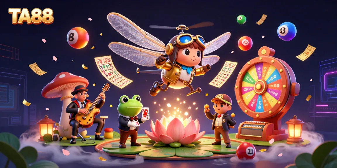 Experience the excitement of TA88 with dynamic casino elements and characters in a vibrant 3D scene.