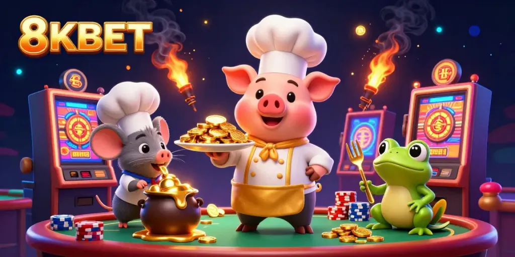 Chef pig serves golden coins in a vibrant casino scene, showcasing 8KBET excitement