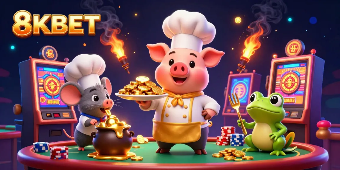 Chef pig serves golden coins in a vibrant casino scene, showcasing 8KBET excitement