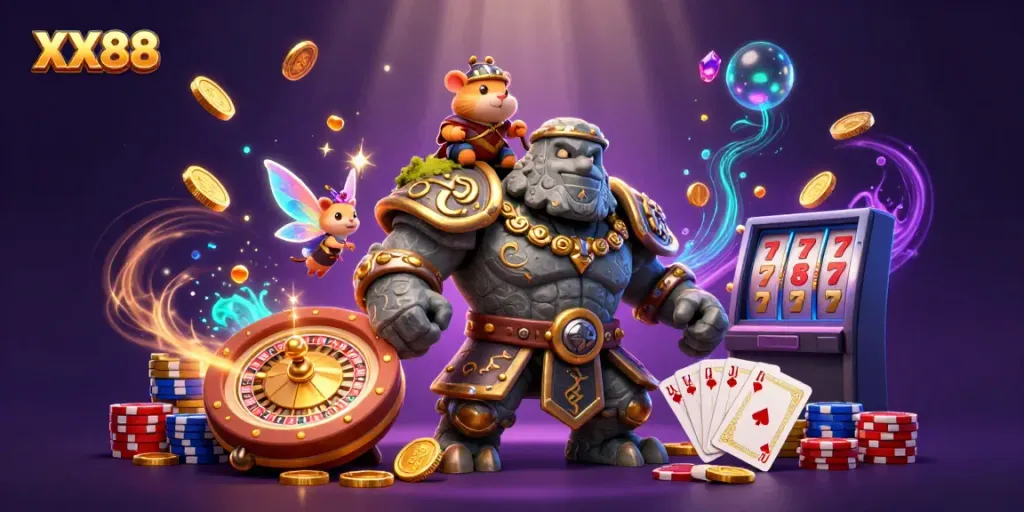 Spin the 3D roulette wheel at XX88 with vibrant characters and cascading coins.