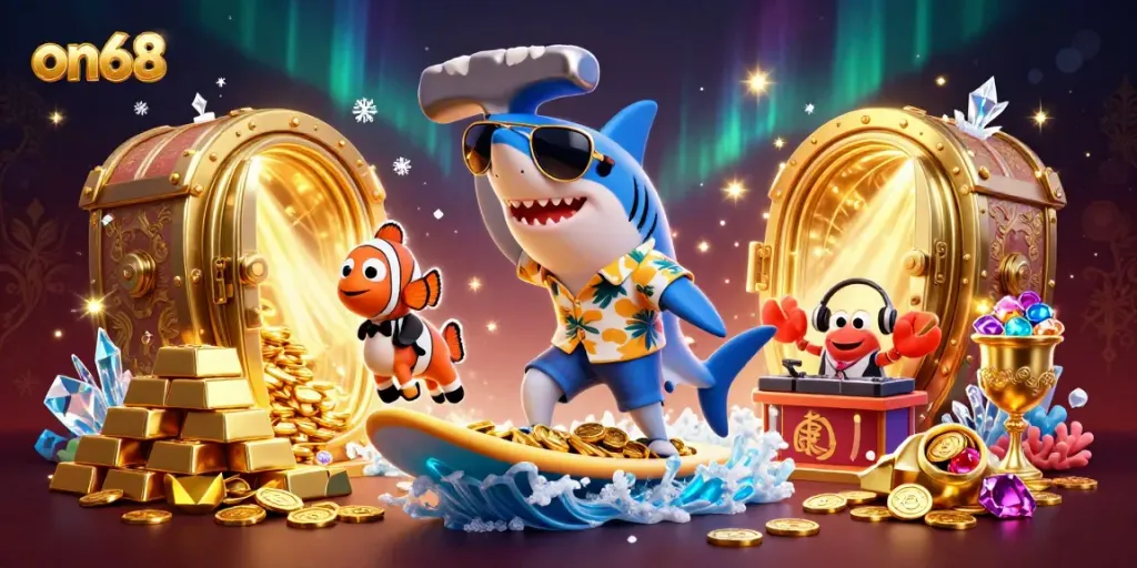 Experience the thrill of on68 with a shark surfing gold coins, showcasing vibrant casino elements.