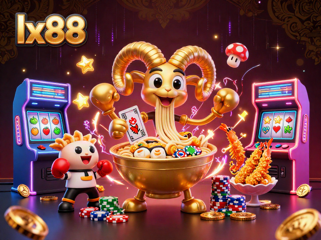 Join the gaming action at lx88 with a fun 3D illustration of a ramen bowl dealer and vibrant casino elements.