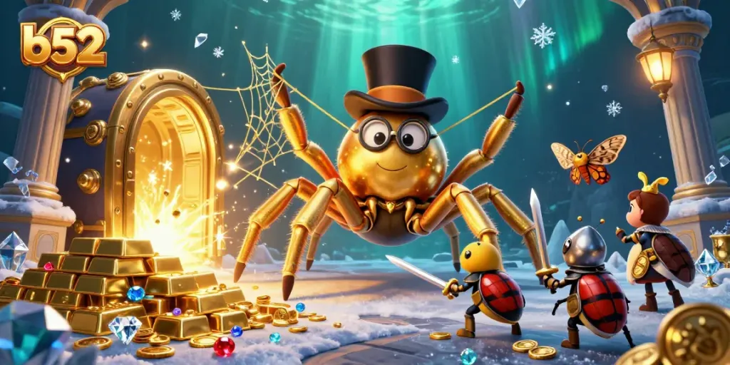 Engage in the exciting world of b52 casino with a vibrant 3D design filled with gold and gems.