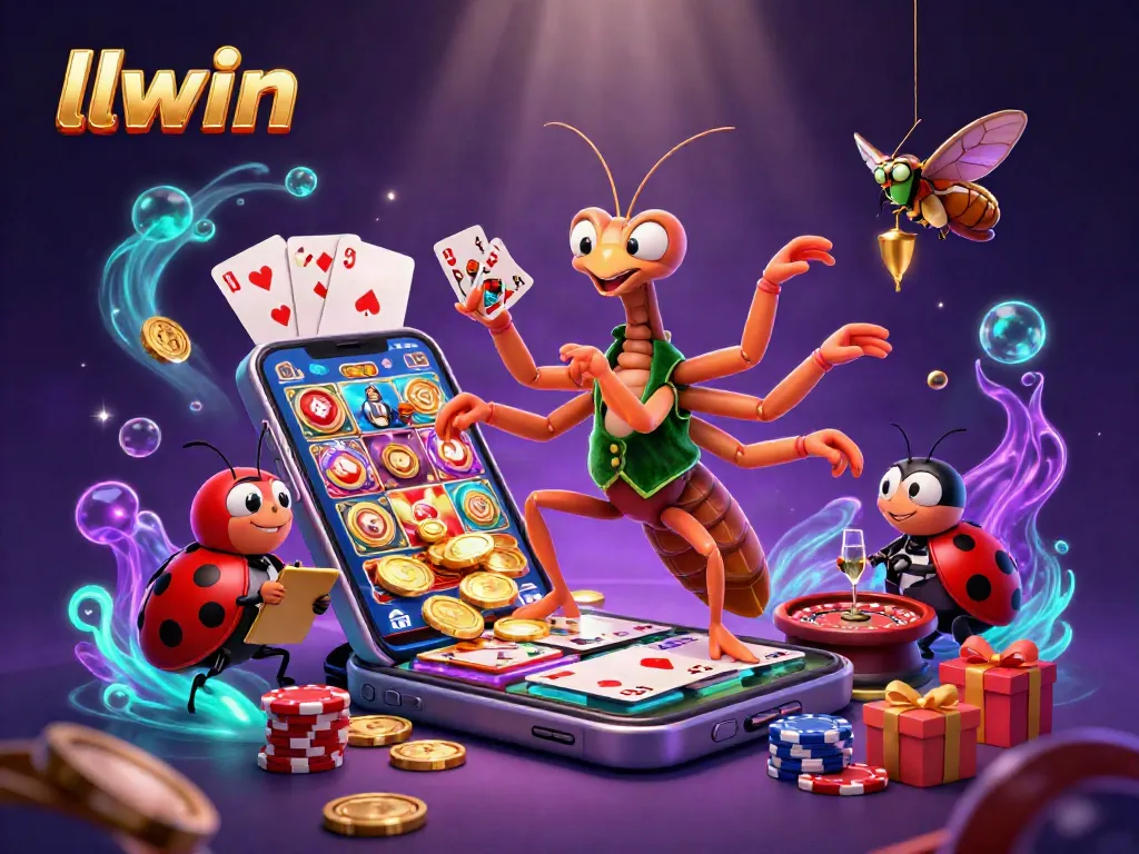 llwin casino illustration with a giant mantis, ladybug pit boss, and slot game elements