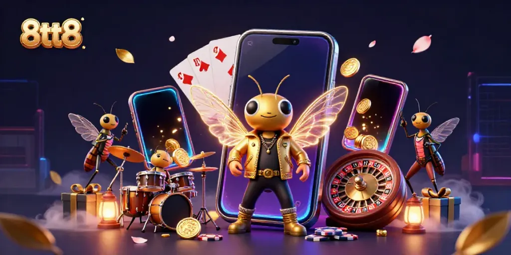 Engage in thrilling casino gameplay as the 8tt8 rock star and friends celebrate around a slot game.