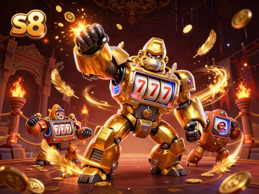 Engage in thrilling gameplay at s8 with a dynamic golden gorilla mech and casino elements.