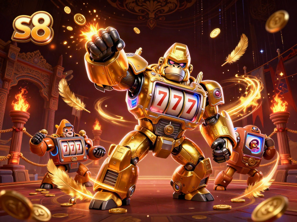 Engage in thrilling gameplay at s8 with a dynamic golden gorilla mech and casino elements.