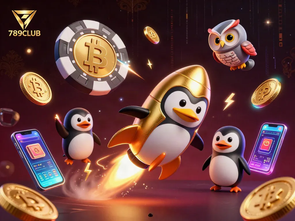Engage with 789CLUB in this vibrant 3D scene showcasing a penguin in a crypto casino adventure.