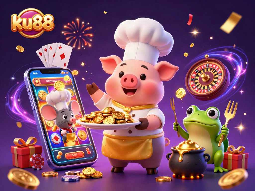 ku88 players enjoy slots with the chef pig, golden coins, and casino games in a vibrant scene