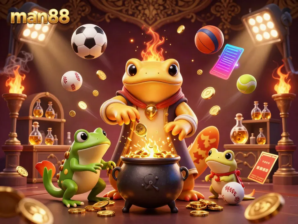 Experience the excitement of man88 with a vibrant 3D scene displaying an alchemist and sports elements.