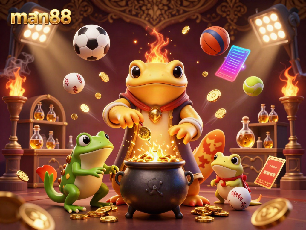 Experience the excitement of man88 with a vibrant 3D scene displaying an alchemist and sports elements.