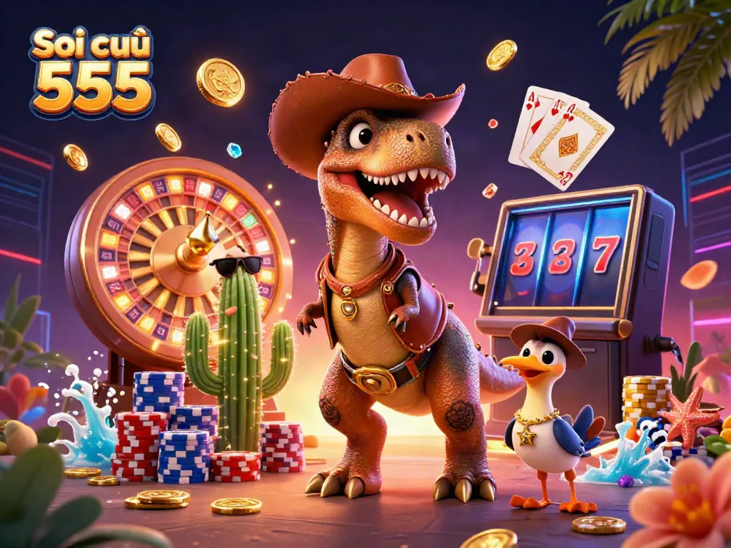 Engage with Soi cầu 555's vibrant gambling scene featuring a T-Rex, cactus, and roadrunner amid gold coins and a roulette wheel.