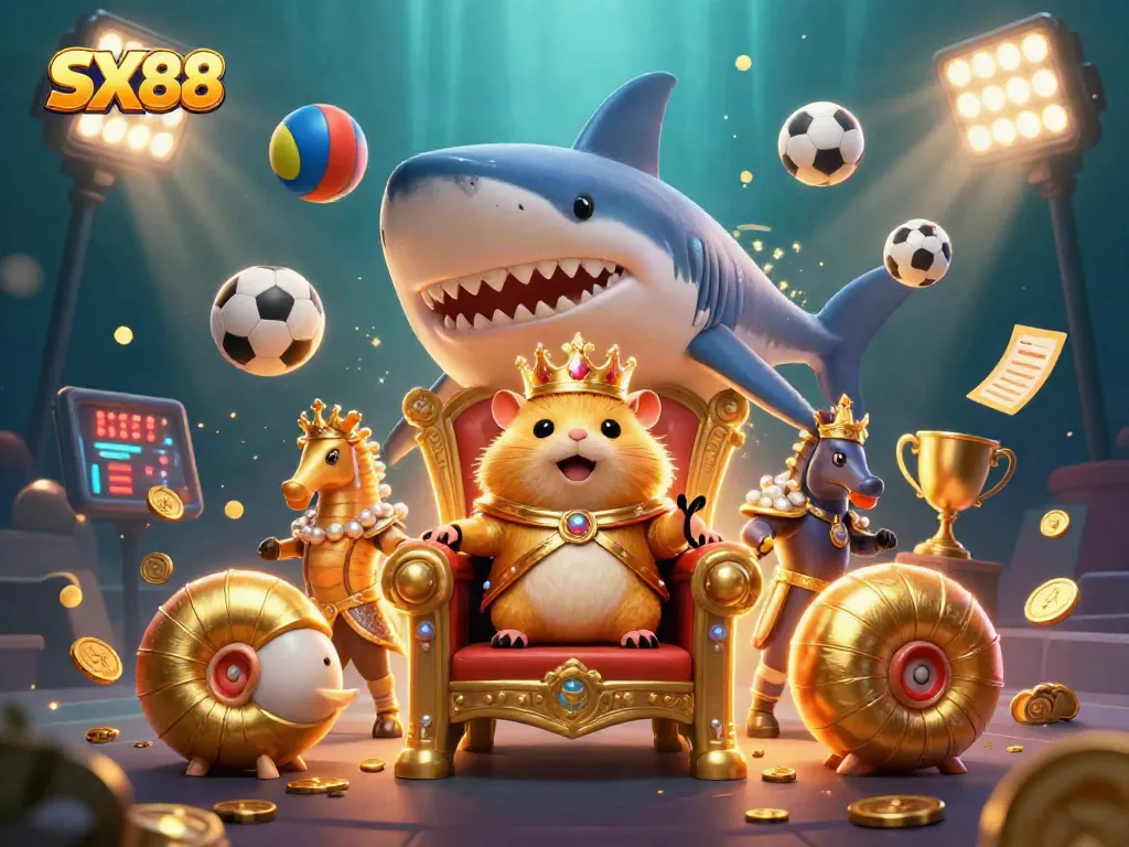 SX88 features a fierce golden hamster king in an underwater casino surrounded by dynamic sports elements and royal companions.