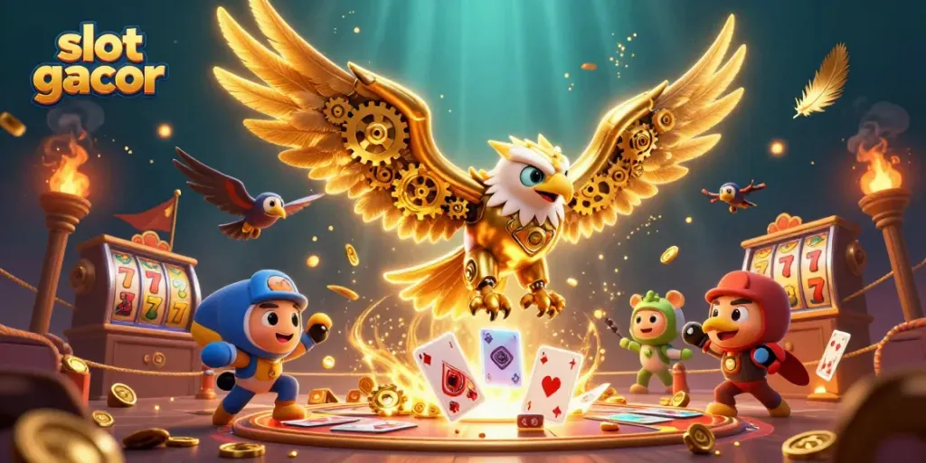 Experience thrilling slot gacor gameplay with a dynamic scene featuring a cybernetic eagle and colorful slot reels.