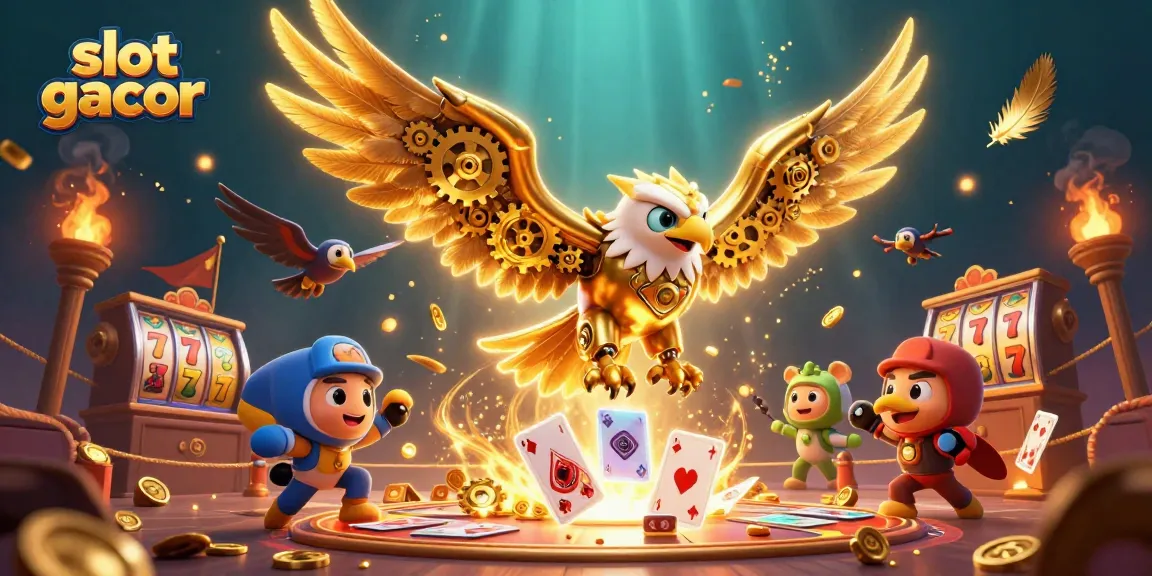 Experience thrilling slot gacor gameplay with a dynamic scene featuring a cybernetic eagle and colorful slot reels.