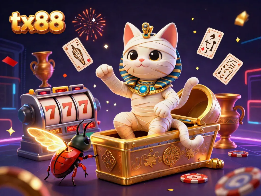 Engage with tx88's exciting 3D casino adventure featuring a mummy cat and glowing scarab.