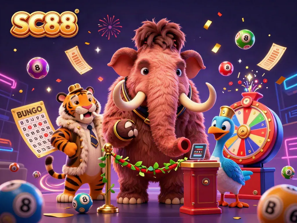 Engage with SC88's vibrant casino atmosphere featuring a woolly mammoth bouncer and a saber-tooth tiger VIP guest.