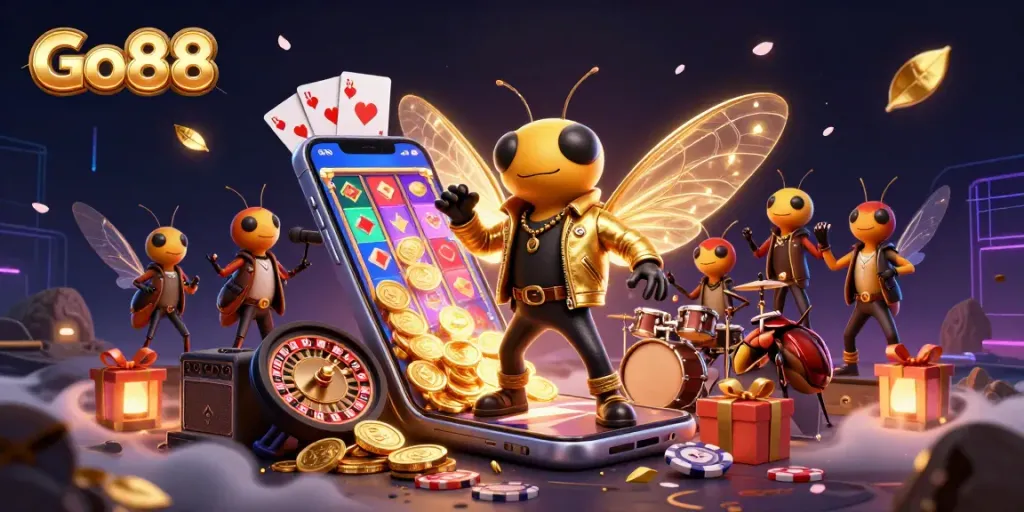 Engage in the thrill of Go88 with a captivating scene featuring a rock star cicada and vibrant casino elements.