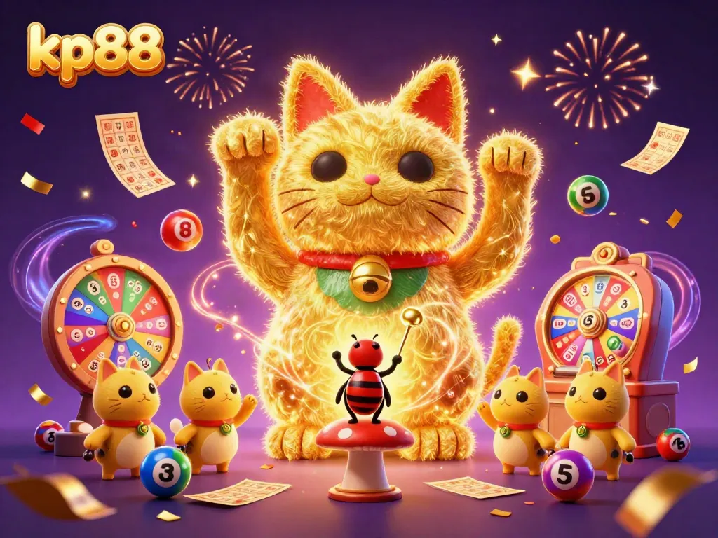 Engage with KP88's vibrant scene of a lucky cat and dynamic casino symbols celebrating in an enchanting atmosphere.