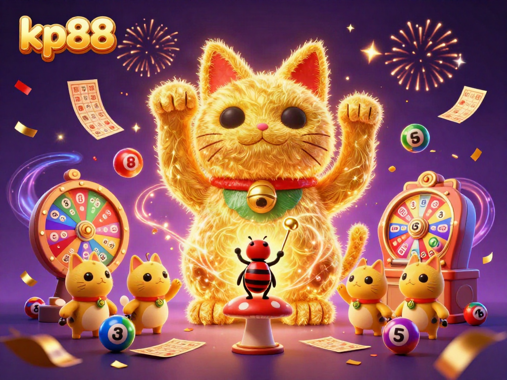 Engage with KP88's vibrant scene of a lucky cat and dynamic casino symbols celebrating in an enchanting atmosphere.
