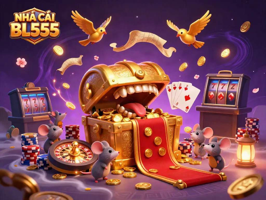 Experience the excitement at NHÀ CÁI BL555 with treasure chests, coins, and casino fun.