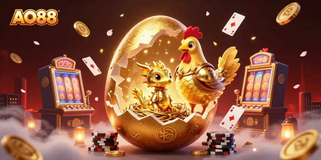 Engage with AO88's golden dragon among poker chips and vibrant casino elements in a stunning 3D scene.