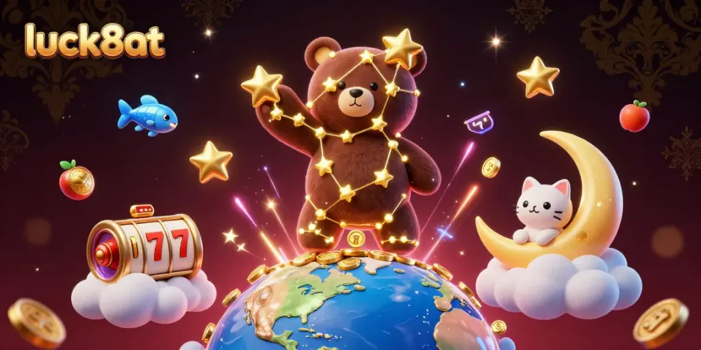 Engage with luck8at's vibrant gaming world through a dynamic 3D illustration showcasing slots and golden star characters.