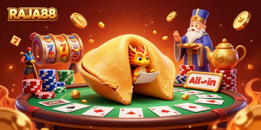 Engage with RAJA88's thrilling casino adventures featuring a vibrant 3D fantasy scene.