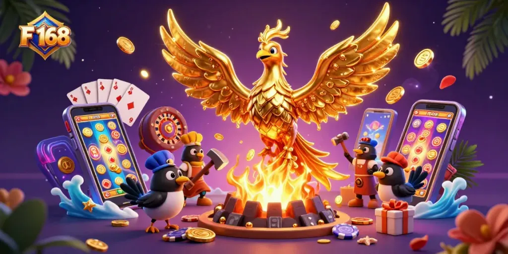 Engage in thrilling gaming at F 168 with a dynamic scene of a molten golden phoenix and casino elements.