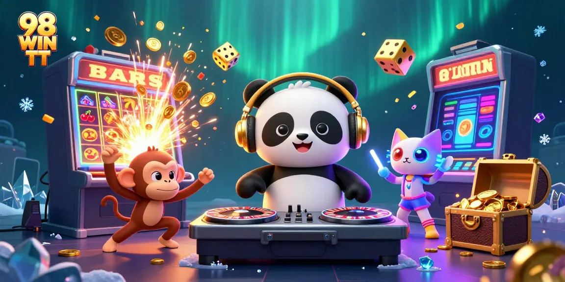 Experience thrilling play at 98 WIN TT with vibrant casino-themed characters enjoying a jackpot