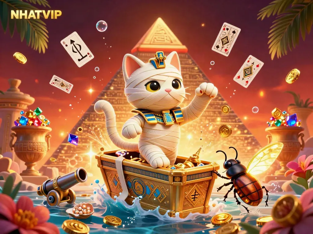 Engage in thrilling games at NHATVIP Casino with Egyptian mummy cat and scarab beetles.