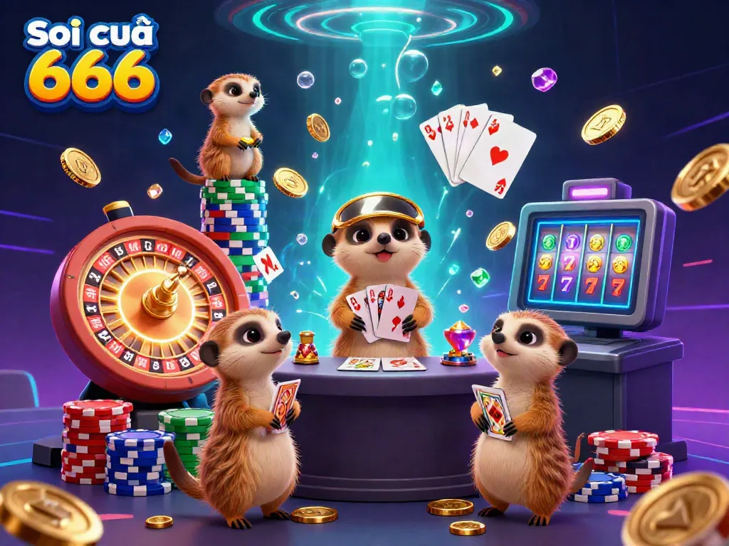 Soi cầu 666 meerkat casino scene with dynamic chip handling and vibrant game elements.