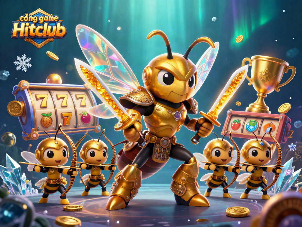 Engage with cổng game Hitclub in this vibrant 3D illustration of a golden hornet in armor leading an energetic game.