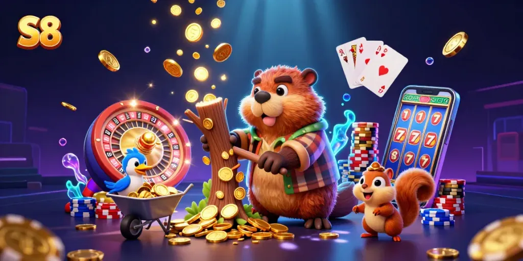 S8 players capturing fortune as a beaver rains golden coins with vibrant casino elements