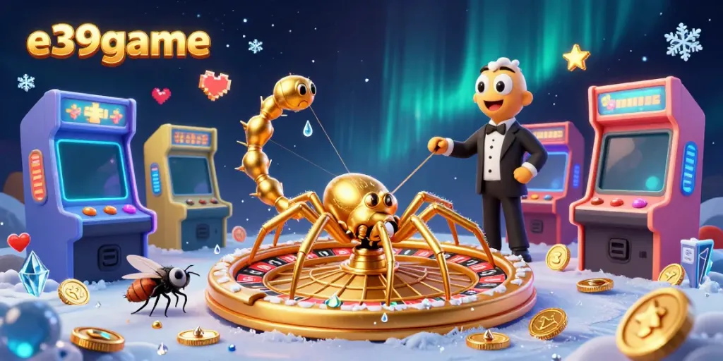 Experience thrilling bets at e39game with a cartoon spider spinning a roulette web.