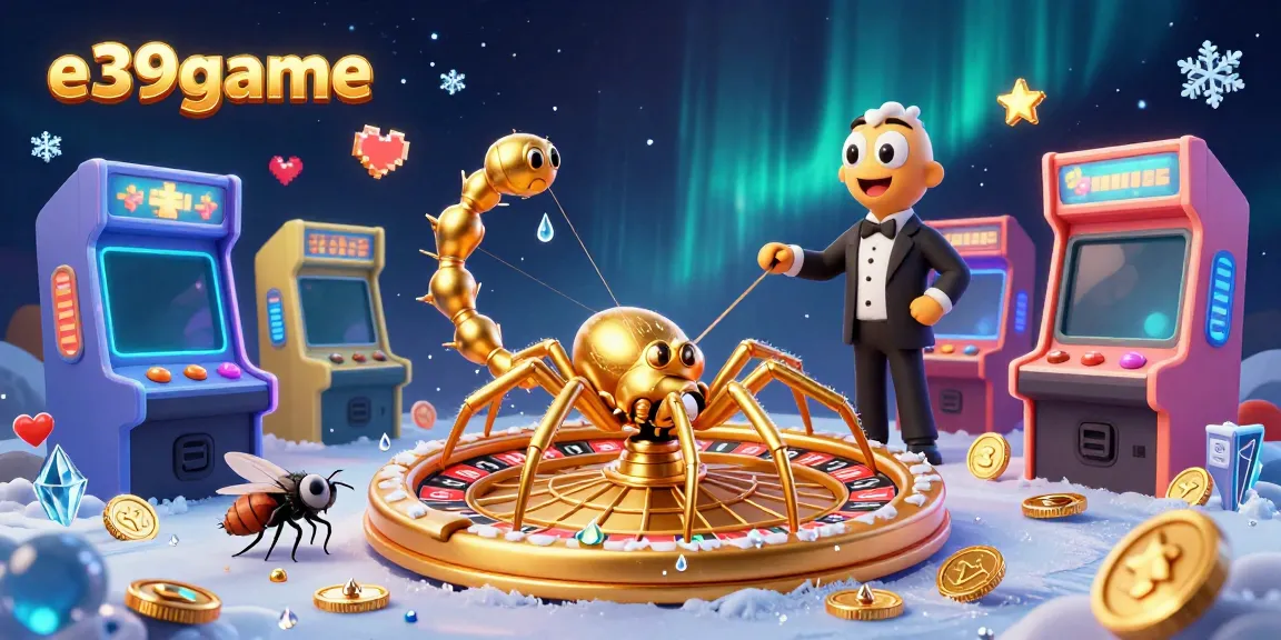 Experience thrilling bets at e39game with a cartoon spider spinning a roulette web.