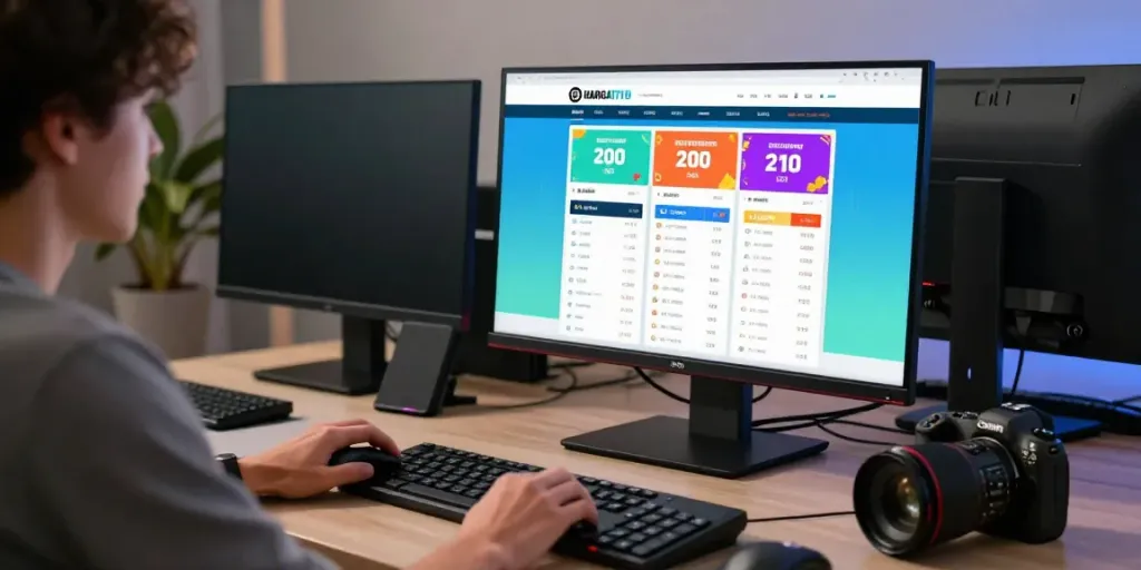 User engaged in online togel gaming on HARGATOTO platform, showcasing bright results and a modern gaming setup.