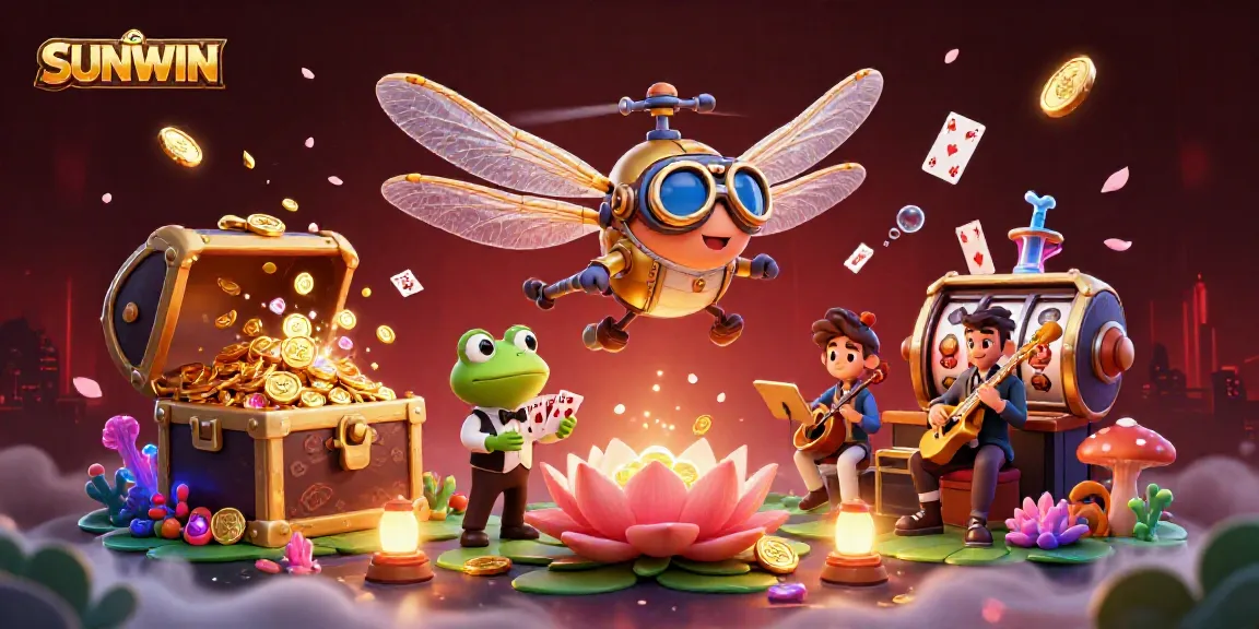 SUNWIN's vibrant casino scene features a dragonfly pilot and frog dealer amidst swirling slot reels.