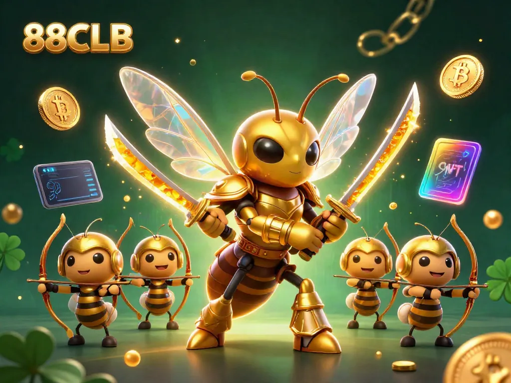 88CLB golden hornet character conquering a digital casino with vibrant crypto elements.