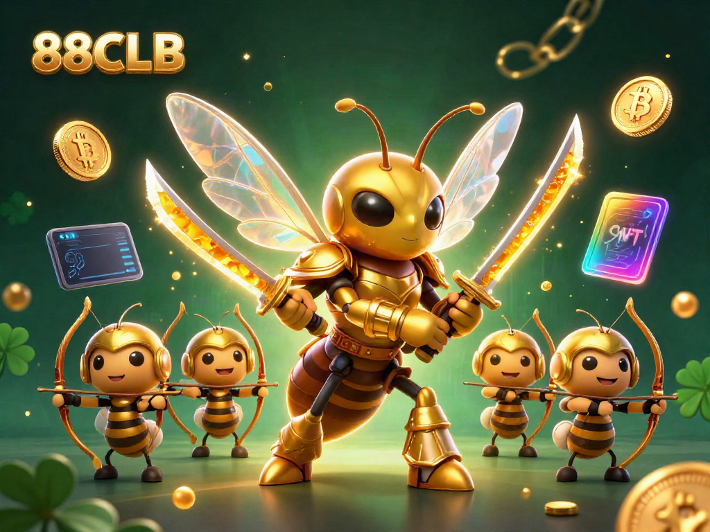 88CLB golden hornet character conquering a digital casino with vibrant crypto elements.