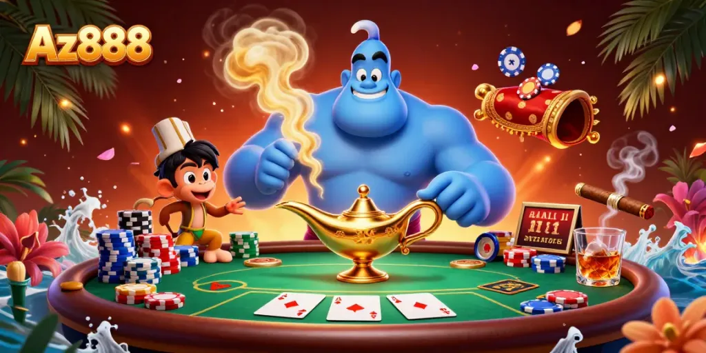 Experience thrilling action with Az888's dynamic poker scene featuring a genie and magic elements.
