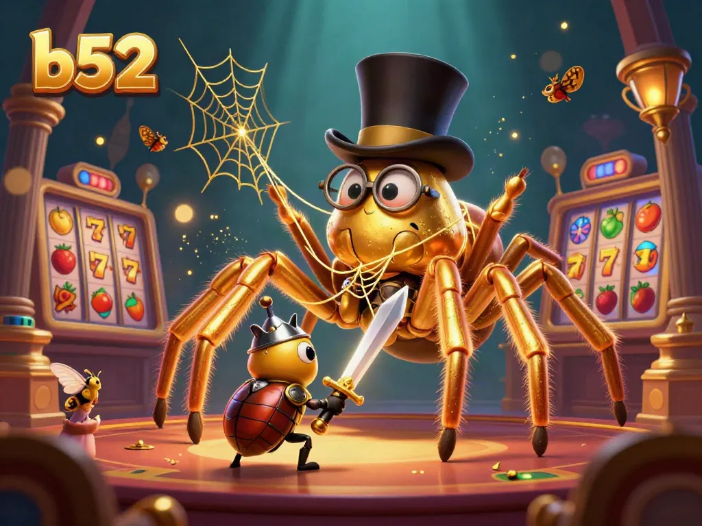Experience thrilling wins with b52 in this vibrant casino scene filled with golden monsters and jackpot reels.