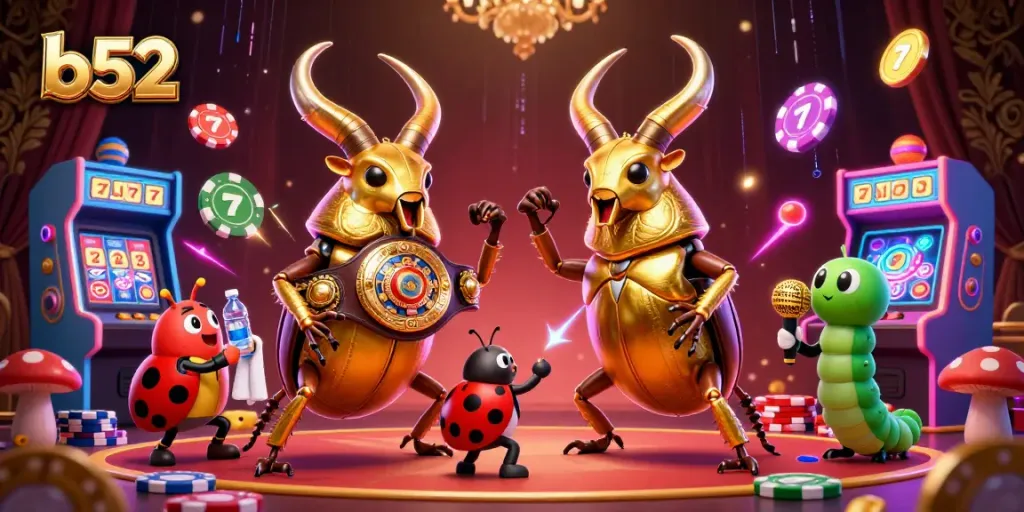 Engage in thrilling b52 gameplay with a giant golden beetle champion, vibrant slots, and poker chips.
