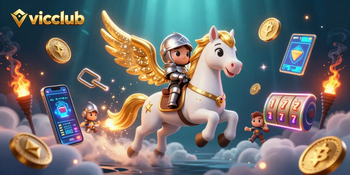 Vicclub showcases a celestial horse in a vibrant casino scene with cryptocurrency elements.