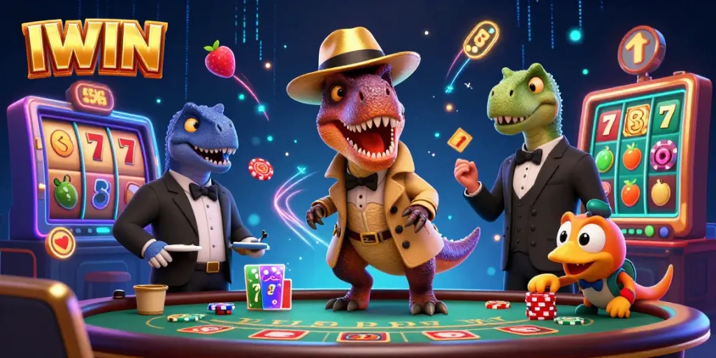 IWIN casino scene featuring a velociraptor card counter, stegosaurus pit boss, and a compy pickpocket with slot machines.