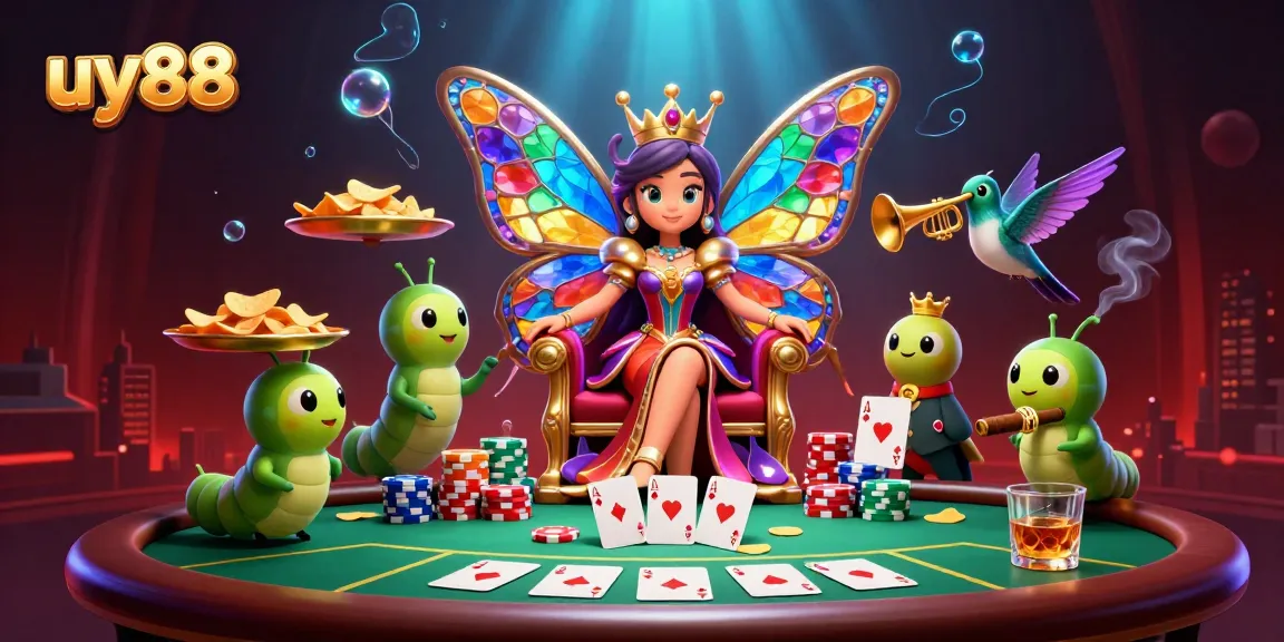 Experience the vibrant world of uy88 with a butterfly queen in a casino scene full of poker elements.